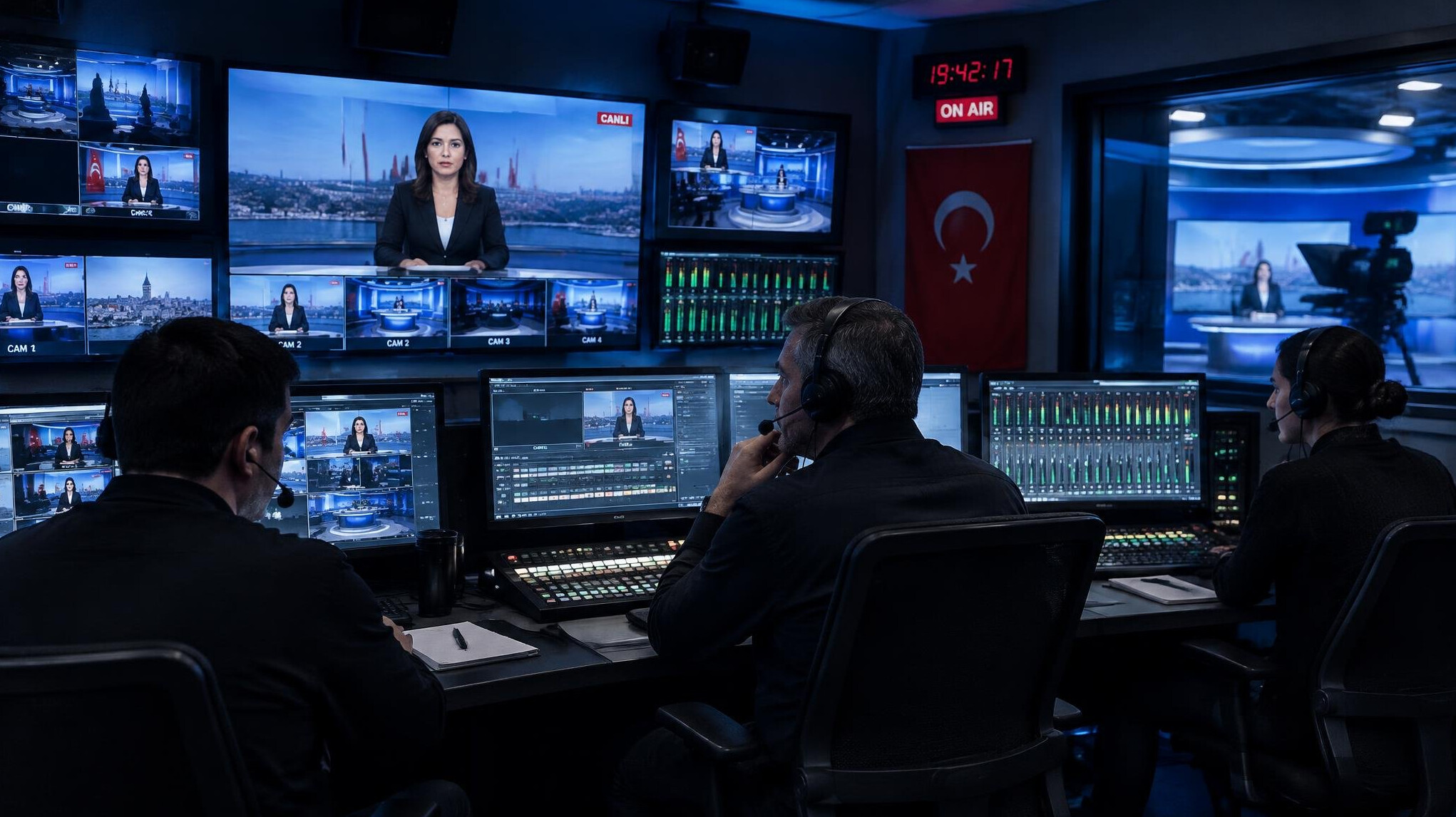 TV studio control room with director and crew monitoring a live broadcast