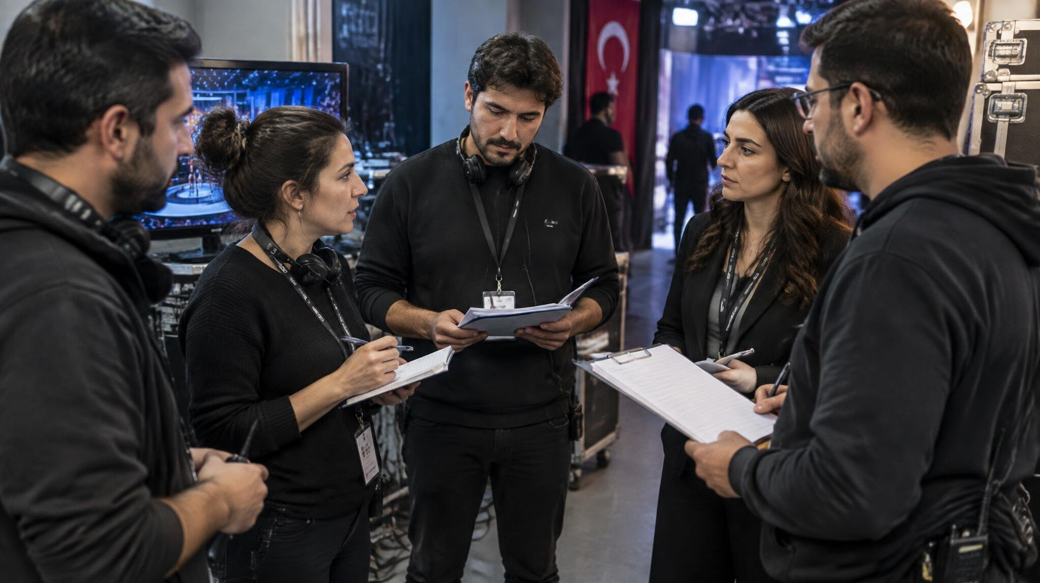 Production team having a calm backstage briefing before a broadcast